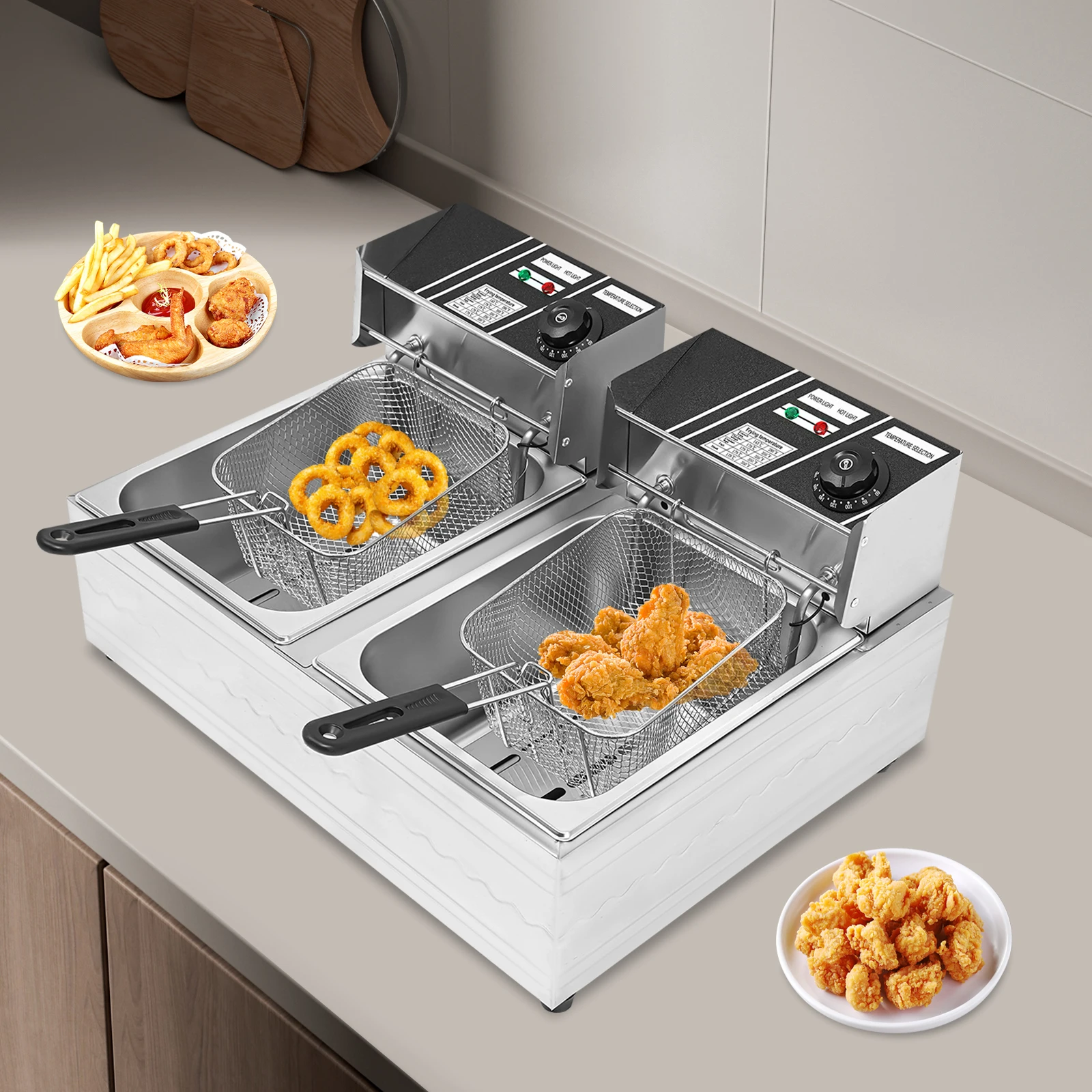 2500 W 1,59 Gallonen + 1,59 Gallonen Kommerzielle Fritteuse Elektrische Arbeitsplattenfritteuse Edelstahl-Doppelölfritteuse mit Schlackentrenner Image
