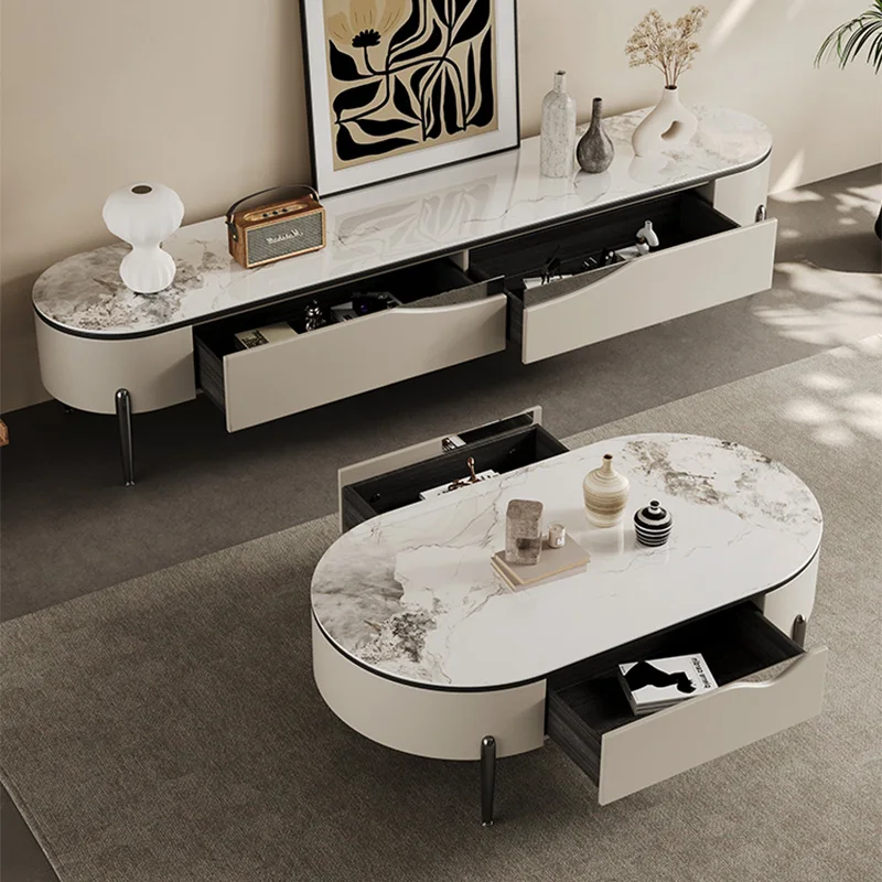 Luxuriöse Couchtische TV-Ständer-Set Eleganter Wohnzimmer-TV-Ständer mit Edelstahlbeinen Moderner Couchtisch mit Doppelschubladen Image