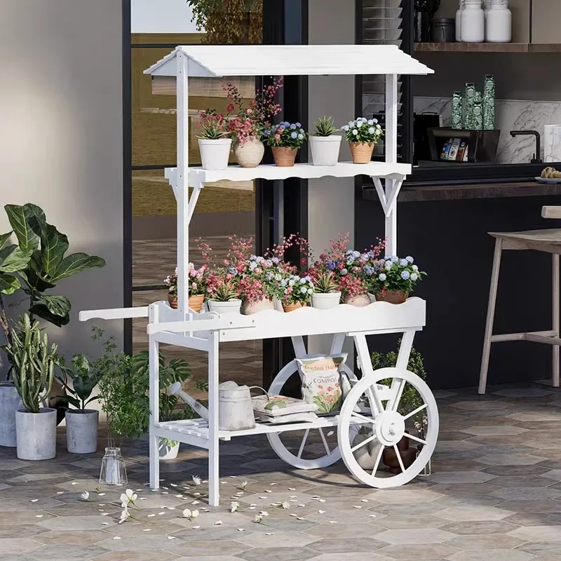 Ländlicher Blumenständer aus Massivholz, Wagenregal, Balkonaufbewahrungsregal, großes dekoratives Ornament für den Außenbereich Image