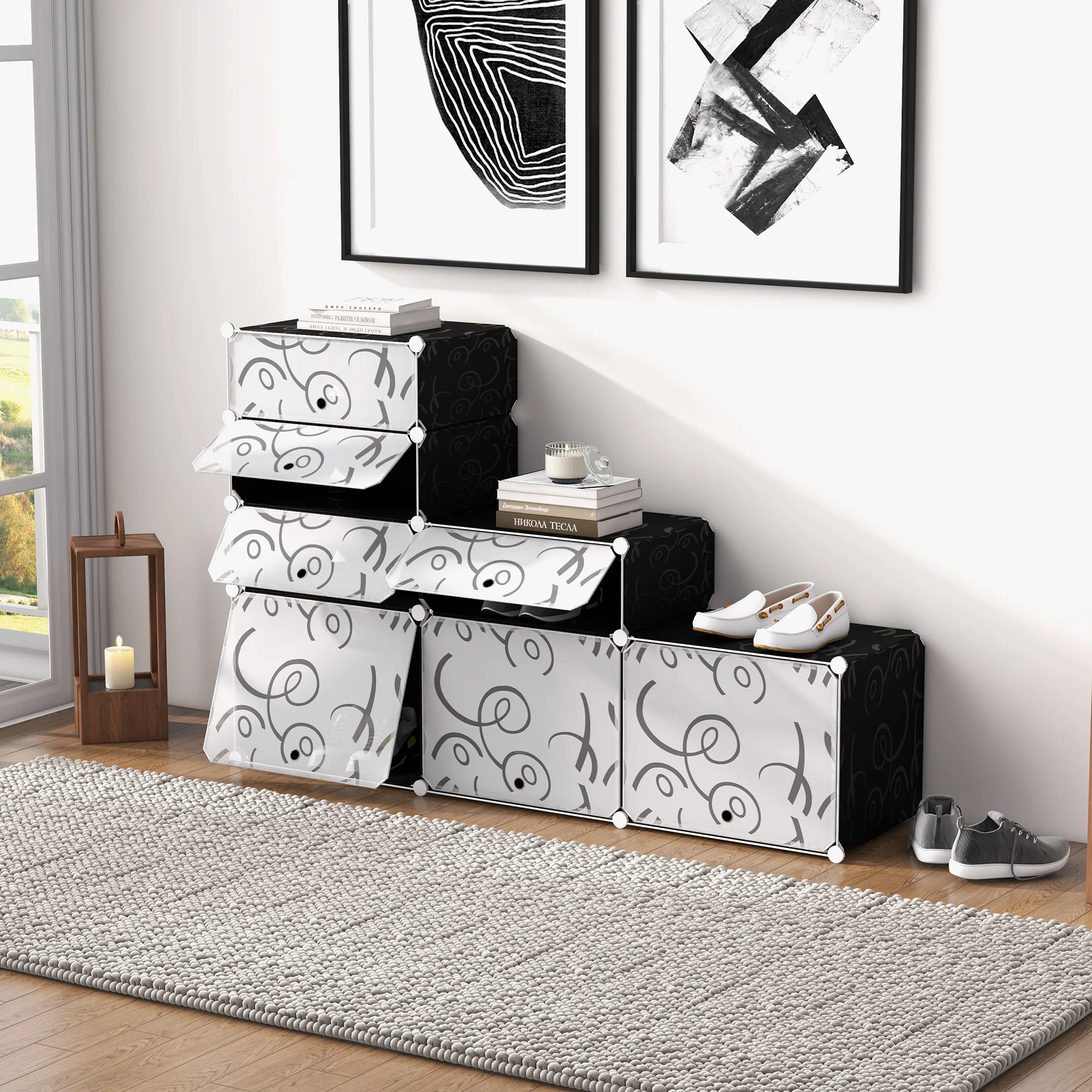 Modulares Schuhregal/Garderobe, 16 Fächer, PP, schwarz + weiß, 95 x 37 x 160 cm Image