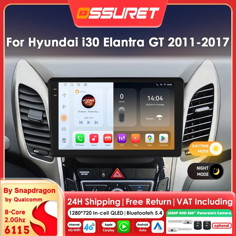 6115 8-Kern Carplay Android 14 Autoradio für Hyundai I30 Elantra GT 2011-2017 Multimedia-Player GPS 360-Kamera Bildschirm 9 Zoll Haupteinheit Image