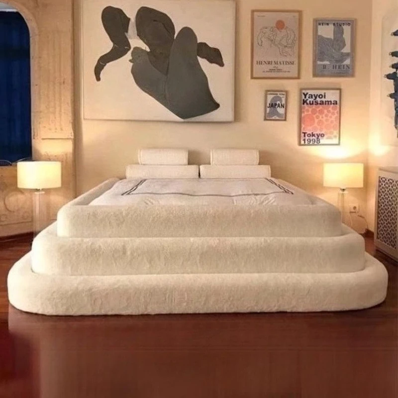 180 x 200 cm nordisches cremefarbenes Flanell-Bettgestell in voller Größe, Schlafzimmerbetten, Doppelbett, 2 Personen, Schlafzimmermöbel, Queensize-Bettgestelle Image