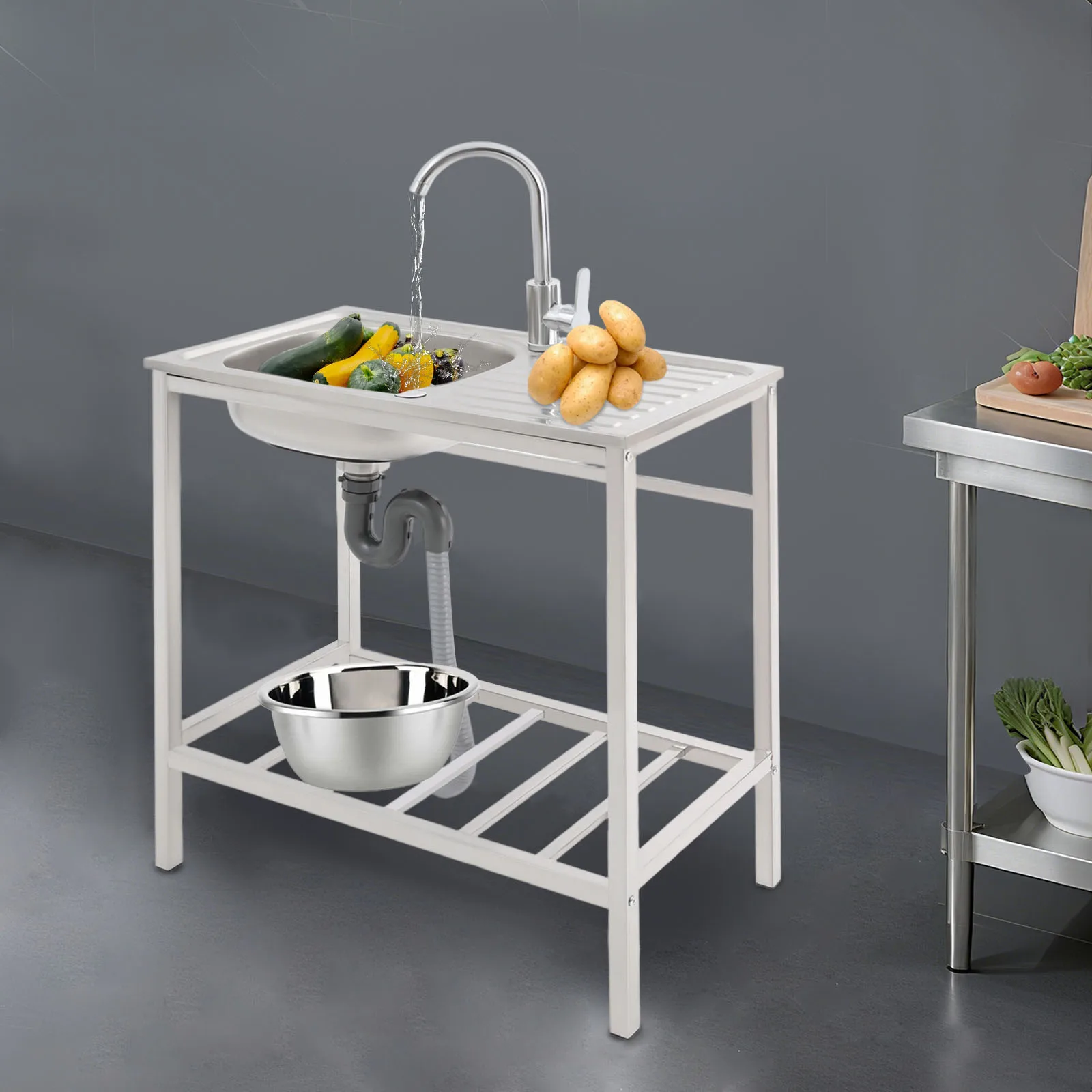 Freistehender Spülbecken mit großem Becken, Spüle mit Arbeitsplatte und unterer Ablage, Küchenspüle mit einem Becken