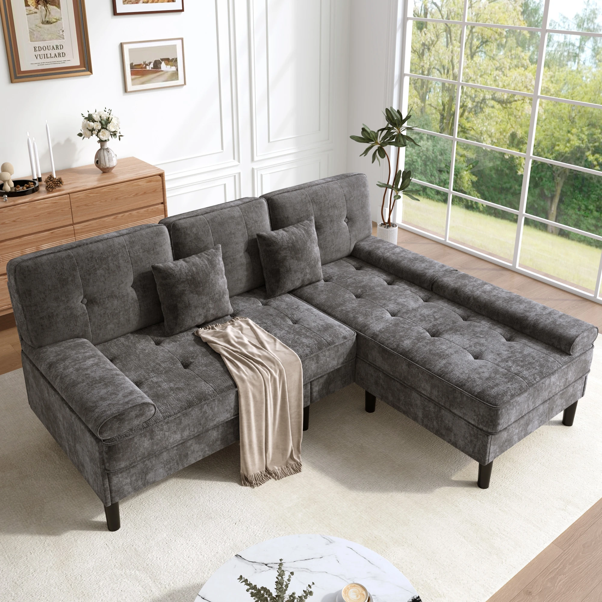 Chenille-Ecksofa in L-Form, dreisitziges multifunktionales Wohnzimmer-Chaiselongue-Sofa mit Schlaffunktion, beweglicher Fußstütze. Image