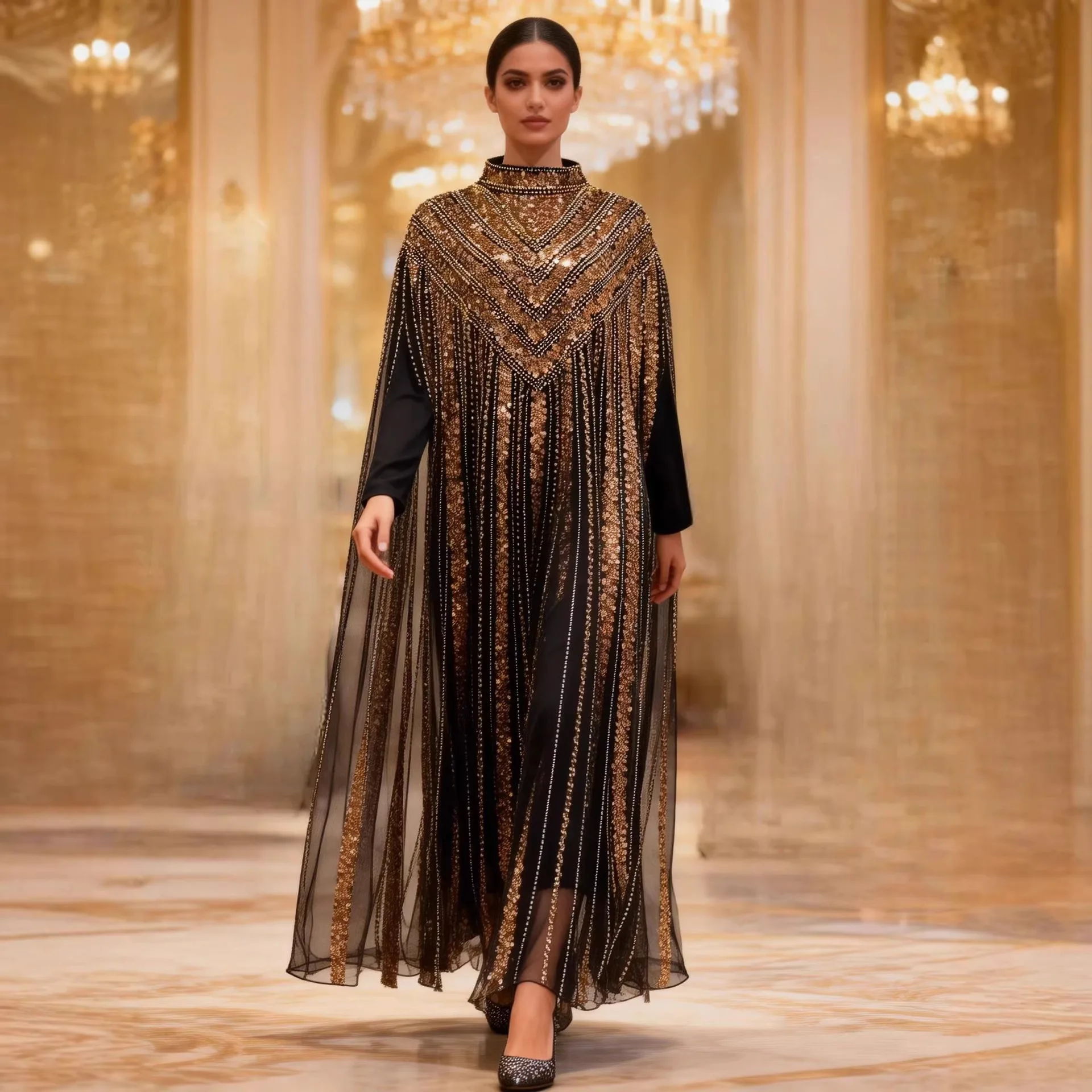 Eid Kleidungsset Damen Partykleider Abayas 2-teiliges Set Jalabiya Pailletten Vestidos Ramadan Muslim Dubai Kaftan Islam Arabisches Langes Gewand Image