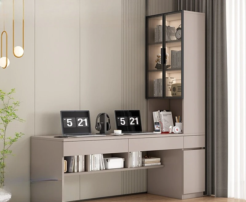 Hochwertiger Holz-Computertisch, moderner minimalistischer Schreibtisch, Schreibtisch mit integriertem Bücherregal, Schreibtisch für Kinder zu Hause. Image