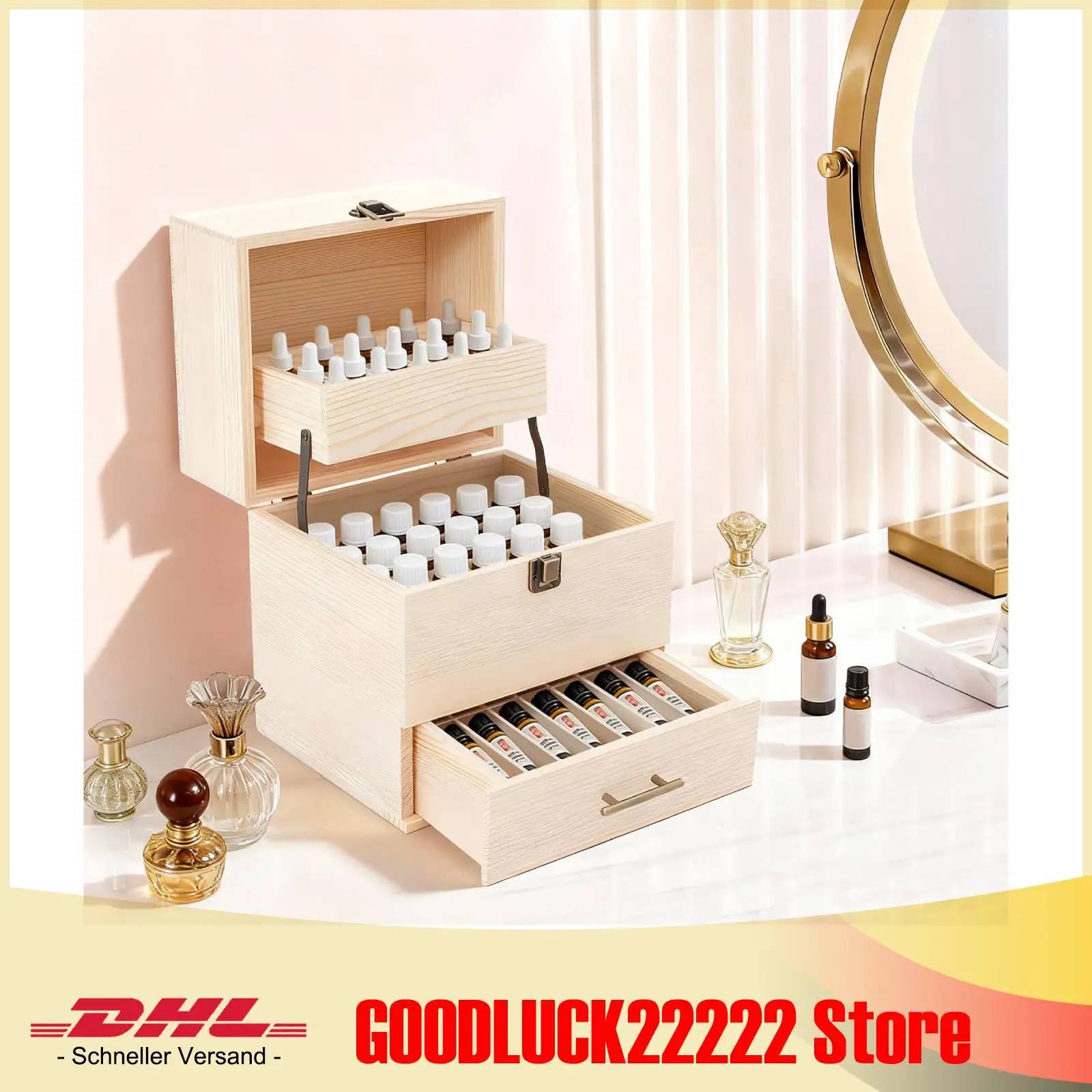 3-Schichtige Aufbewahrungsbox für Ätherische Öle, 59-Fächer Holz-Aromatherapie-Organizer, Kiefernholzbox mit Zinklegierung, für Ätherische Öl-Flaschen Image