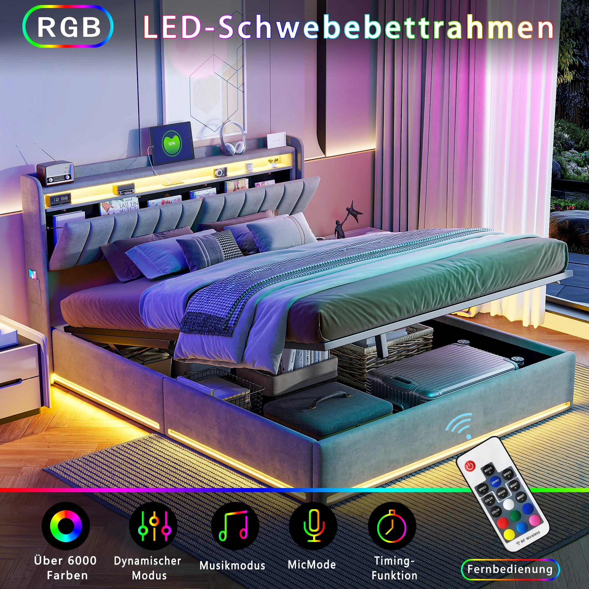 Rosahqnda 90/140/160*200cm Doppelbett, Headboard mit LED-Beleuchtung, USB-Anschlüsse und Ablagefach, Stauraumbett, Guestbett, Velvet Image