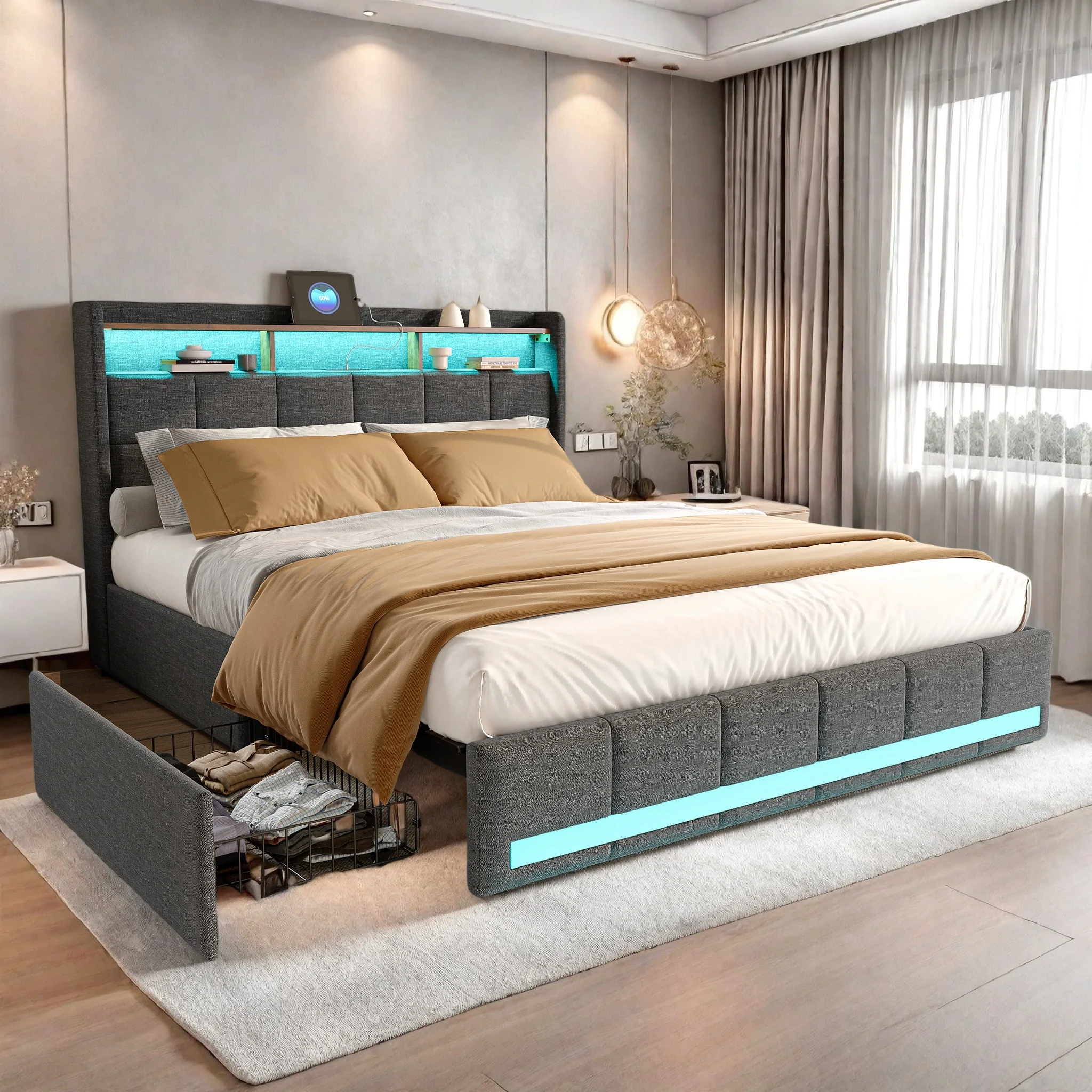 Bettgestell 160x200 cm, mit LED-Lichtleiste und 4 Schubladen, Ladeanschluss, Doppelbett, Bett mit Stauraum, Bettwäsche, grau Image