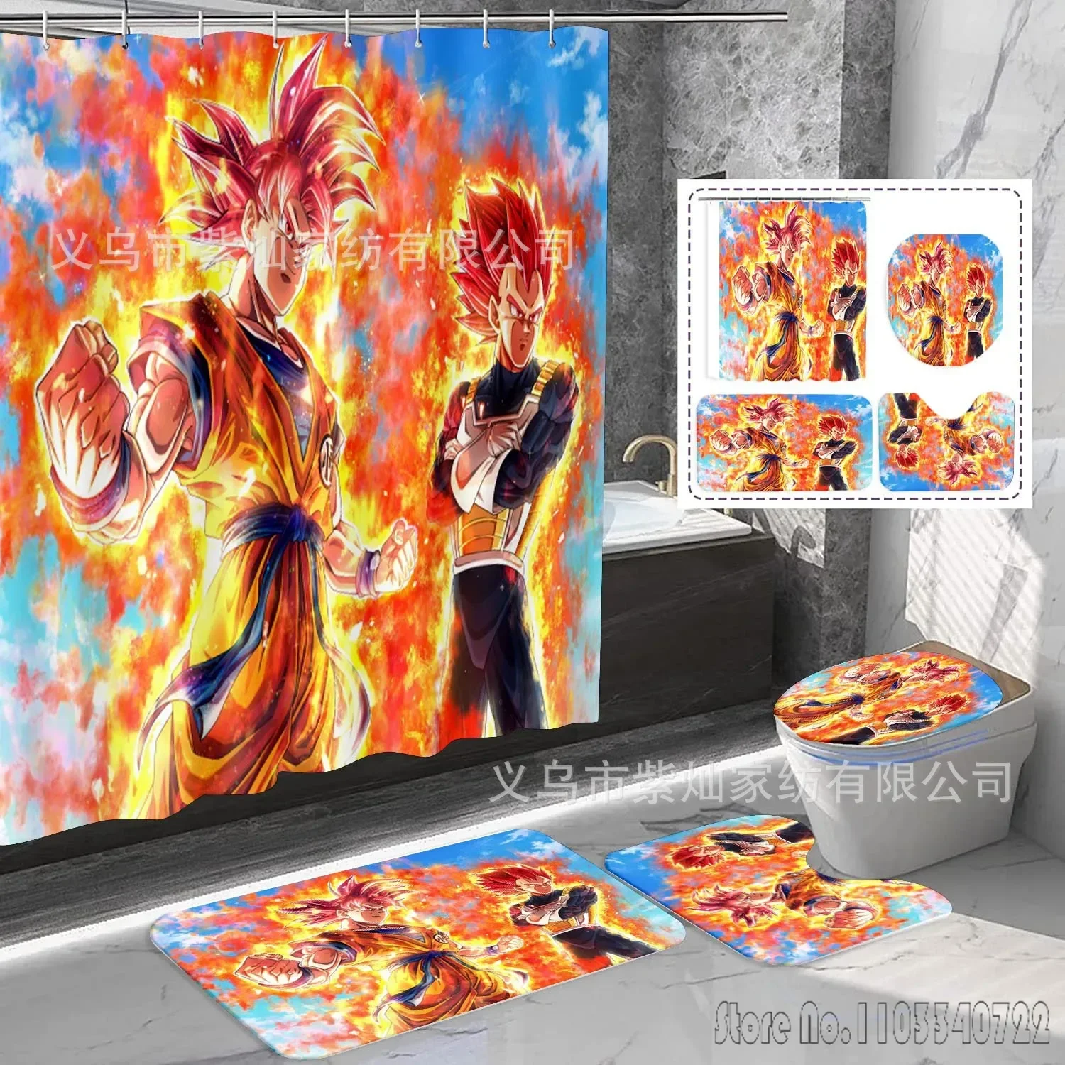 2026 Anime Dragon Ball Son Goku Duschvorhang-Set, 4 Stück, wasserdicht, für Badezimmer, Vorhänge, rutschfester Teppich, WC-Deckelabdeckung, Badematte Image