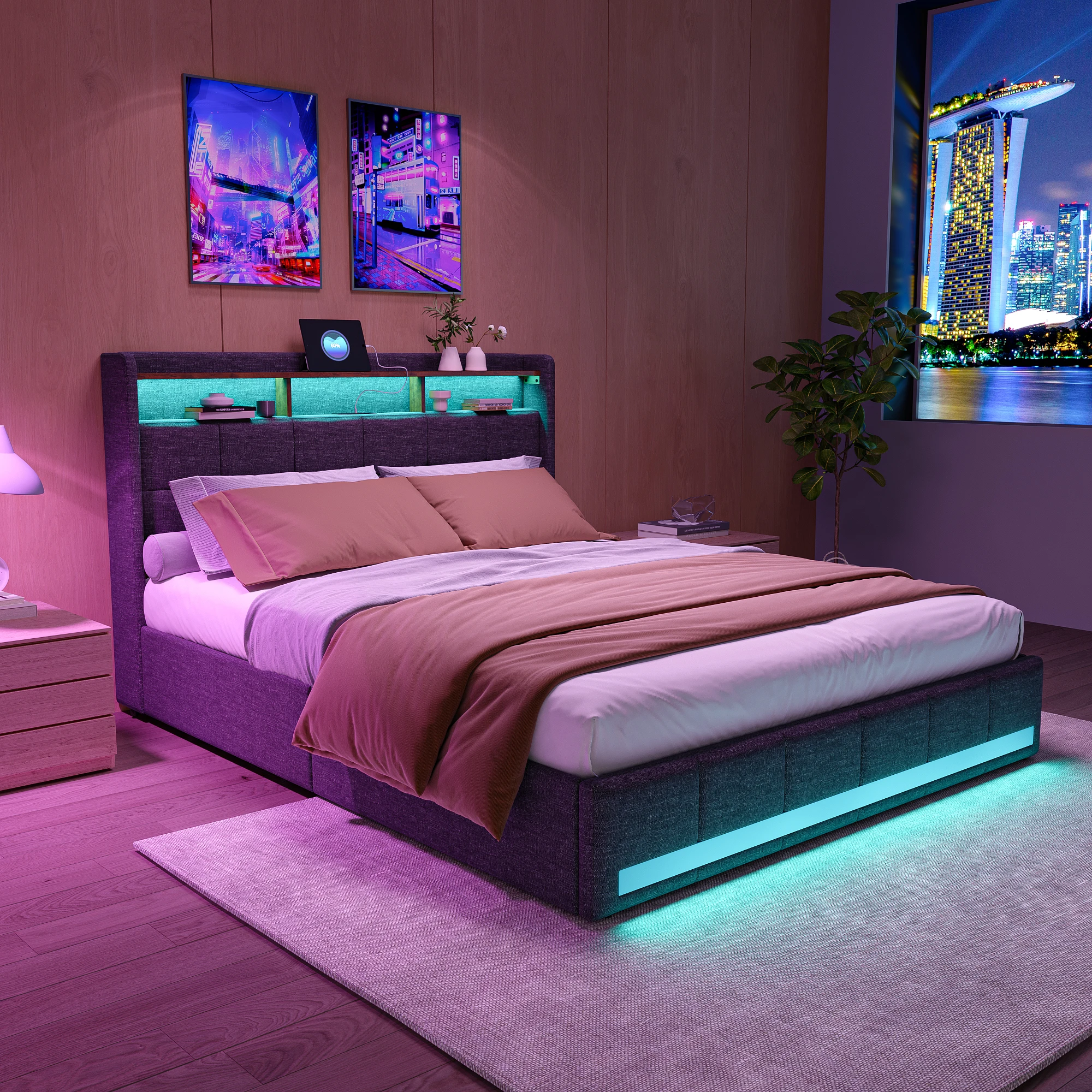 Anajqaqia 160x200cm Polsterbett, LED-Doppelbett mit 4 Schubladen, Kopfteil mit Stauraum und USB-Ladefunktion, Leinen Image