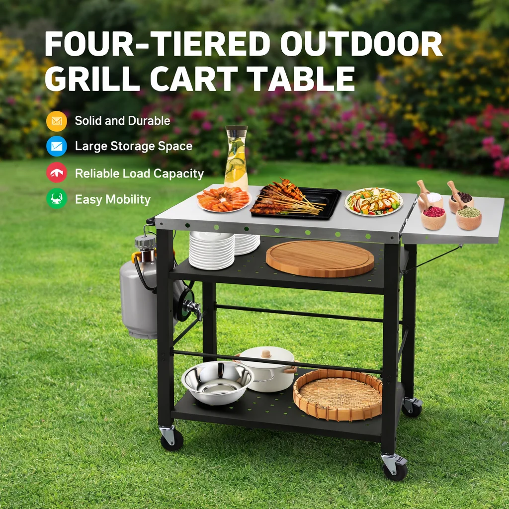 Premium 4-stöckiger Rollwagen für Grillgeräte, Edelstahl-Outdoor-Küchenorganizer mit Rädern für Terrasse und Camping Image