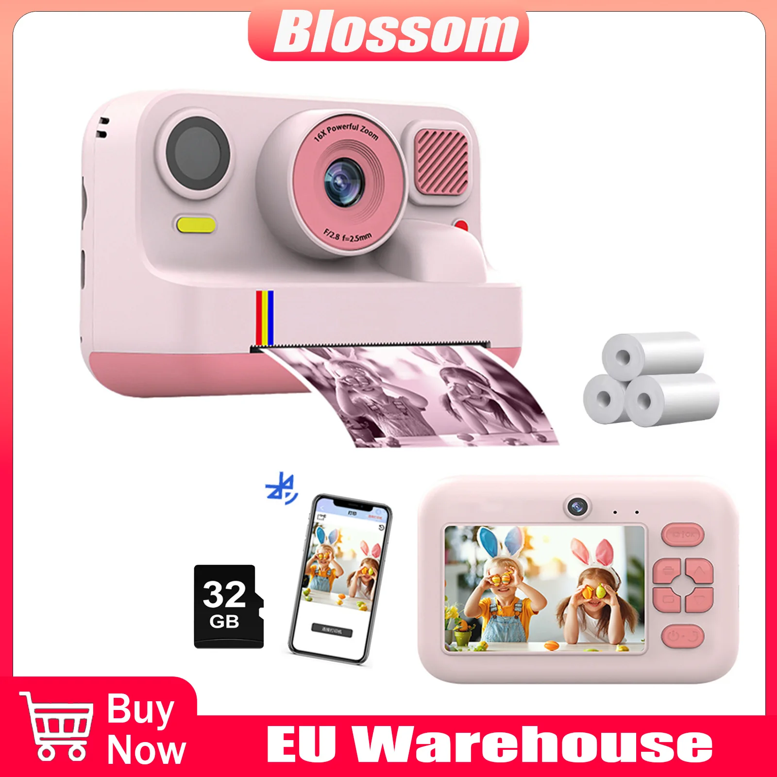 Fotocamera per Bambini Blossom K12 1080P HD Videocamera Digitale per Bambini con Schermo da 2,4 Pollici Fotocamera Istantanea Giocattolo per Regali di Natale e Compleanno