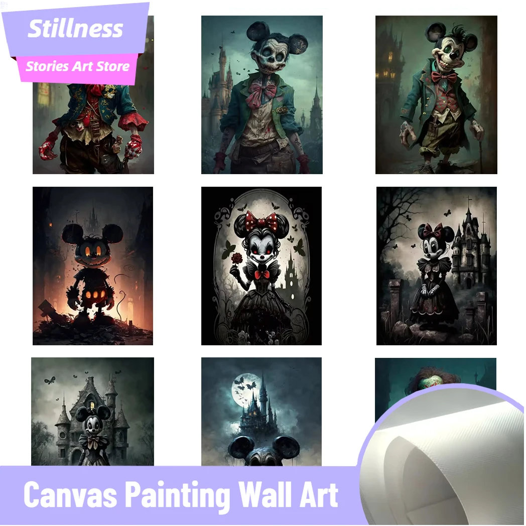 Rahmenlose Stillness Stories Disney Kunst Poster Drucke für Wohnzimmer Home Decor Gothic Gruselige Mickey Mouse Leinwand Malerei