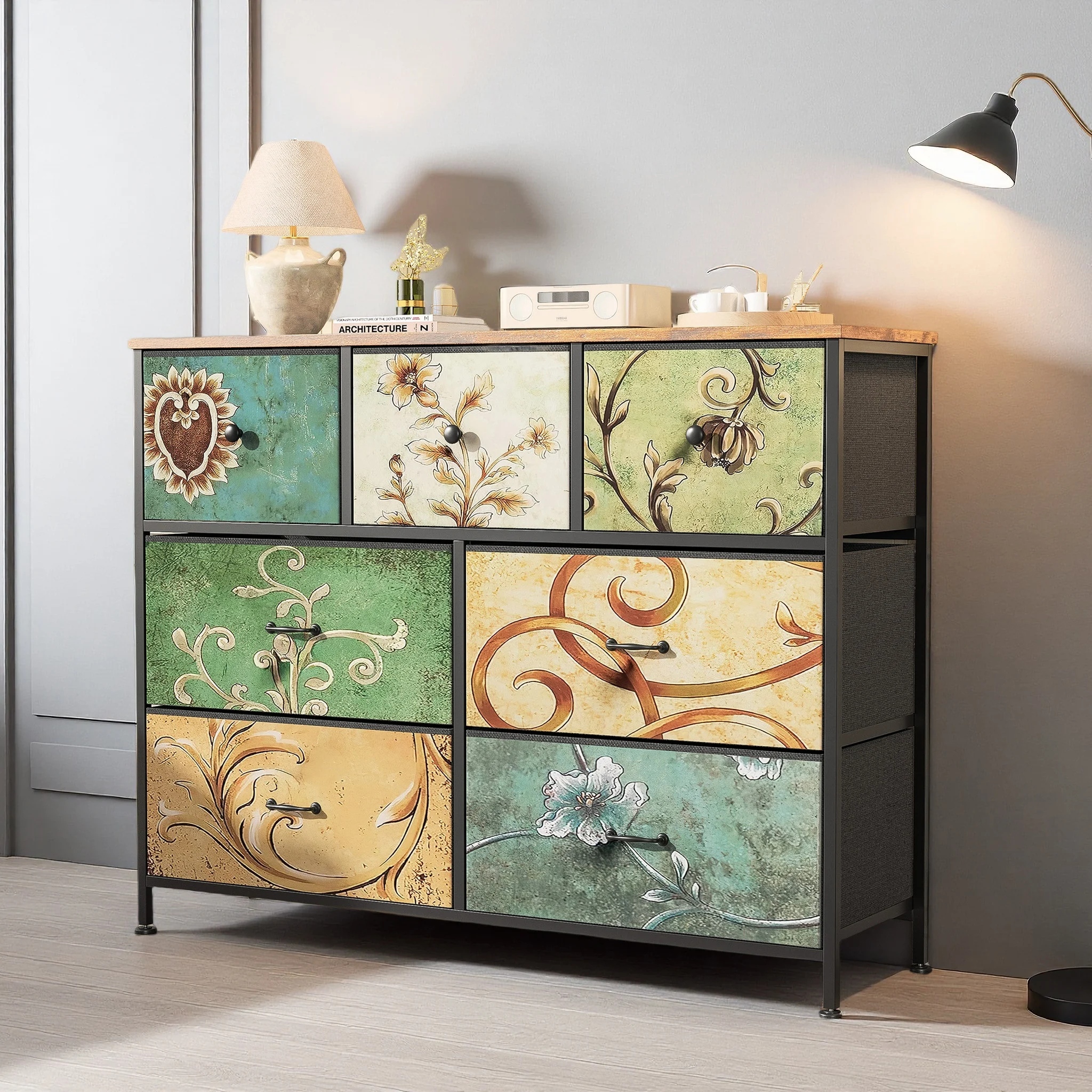 Comanlai Vitrinenschrank, Retro-Kommode mit 7 Stoffschubladen, Metallrahmen, Holzplatte, Schubladenschrank für Wohnzimmer Image