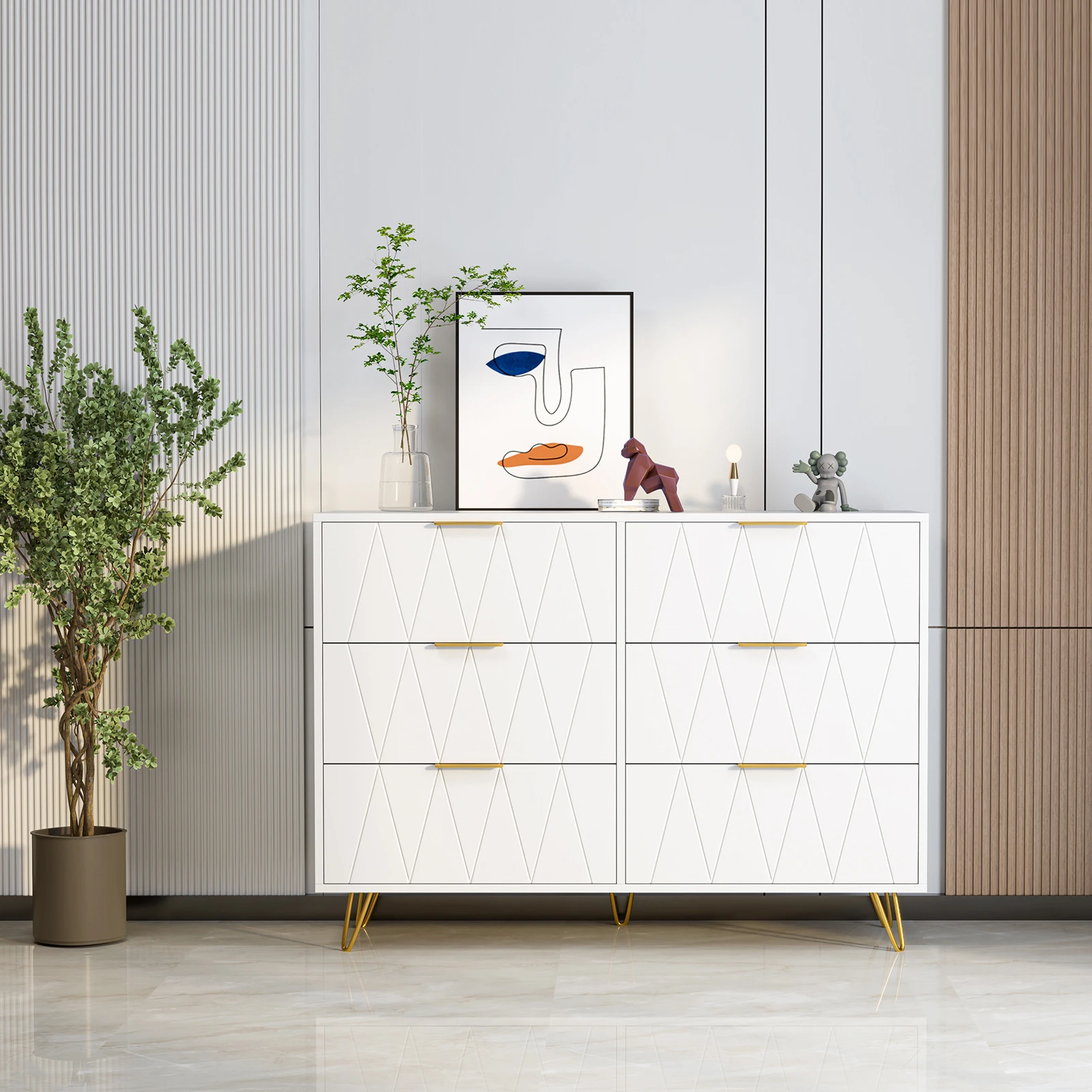 Kommode mit 6 Schubladen, Schubladenschrank aus Holz, Sideboard mit Schubladen, Schubladenkommode mit Metallrahmen, Aufbewahrungsschrank für Schlafzimmer, Wohnzimmer, Weiß Image