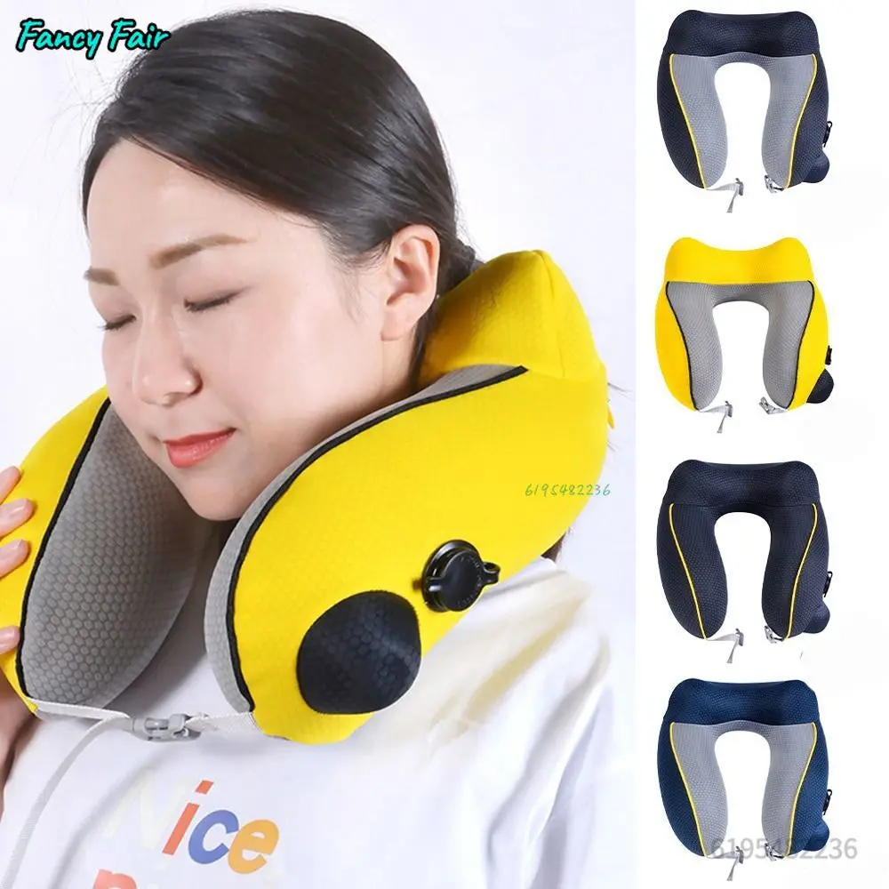 Neues U-förmiges Reise-Nackenkissen aus elastischem Stoff, faltbar, aufblasbar, Drucktyp Nackenstützkissen, Flugzeugkissen Image