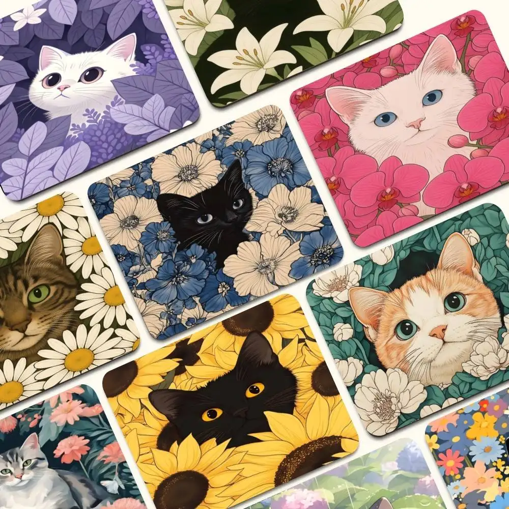 Cat In The Flowers Aesthetic Custom Skin Tastaturmatte Tischmatte Studenten Gabinete PC Gamer Desktop-Mauspad Schreibtischmatten Image