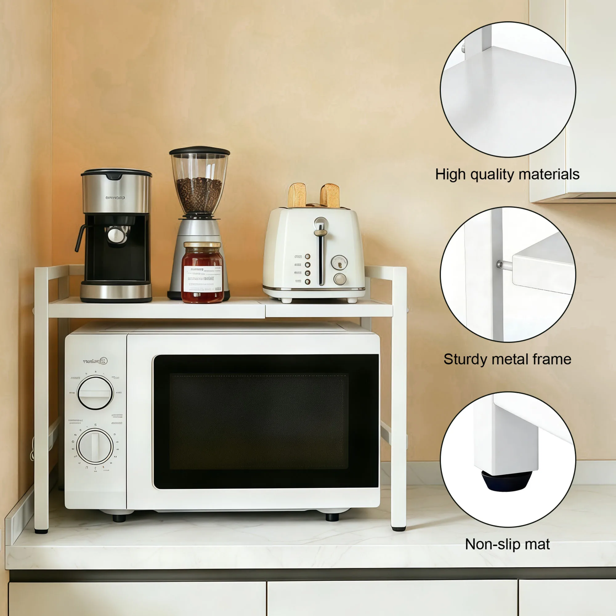 Mikrowellenregal Ausziehbar 40-60cm, Mikrowellenhalter mit 6 Haken, Küchen-Aufbewahrungsregal, Mikrowellen-Backregal Image