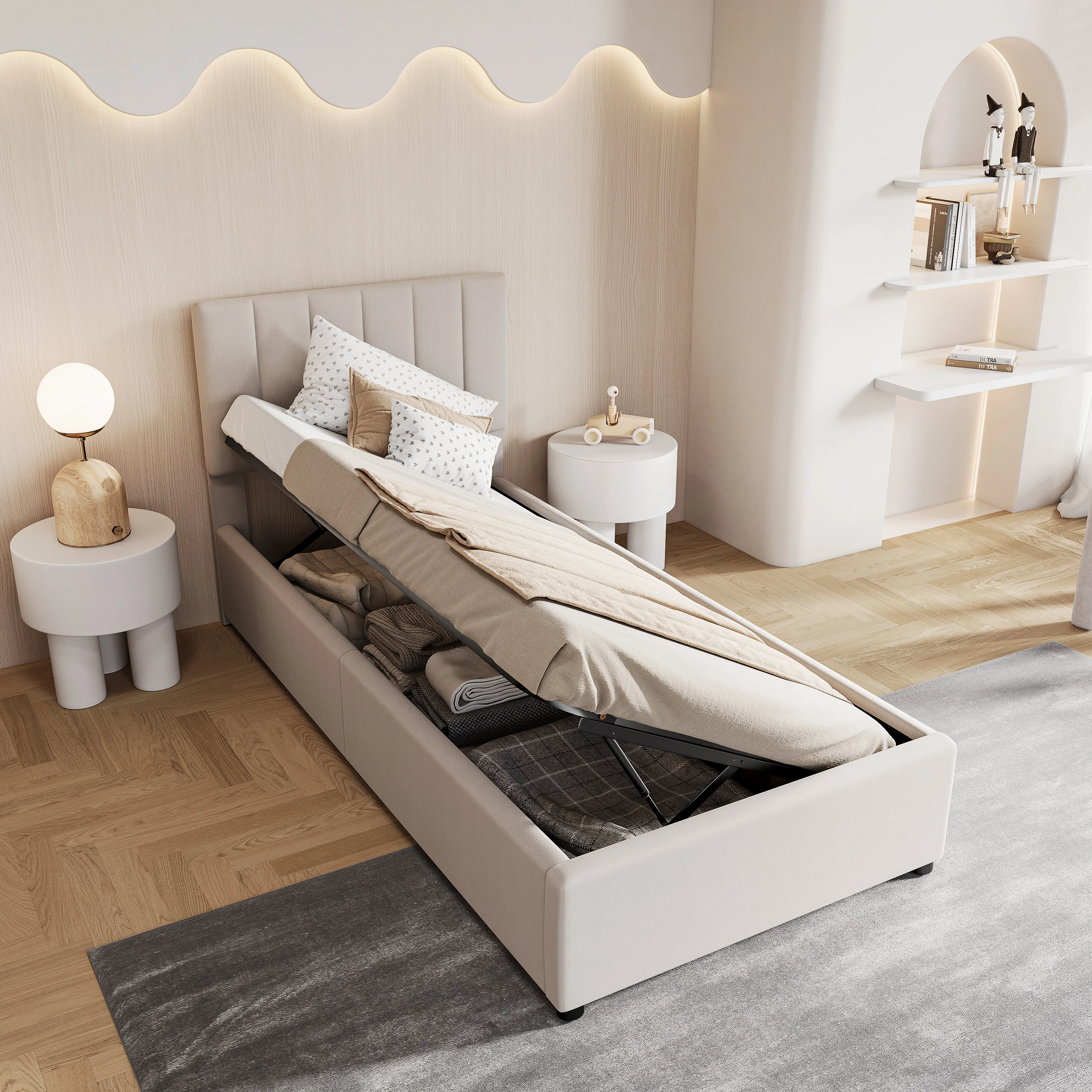 Comanlai 90×200 cm Kinderbett, gepolstertes Einzelbett, hydraulischer Stauraum, mit Rückenlehne und Lattenrost, Samt Image