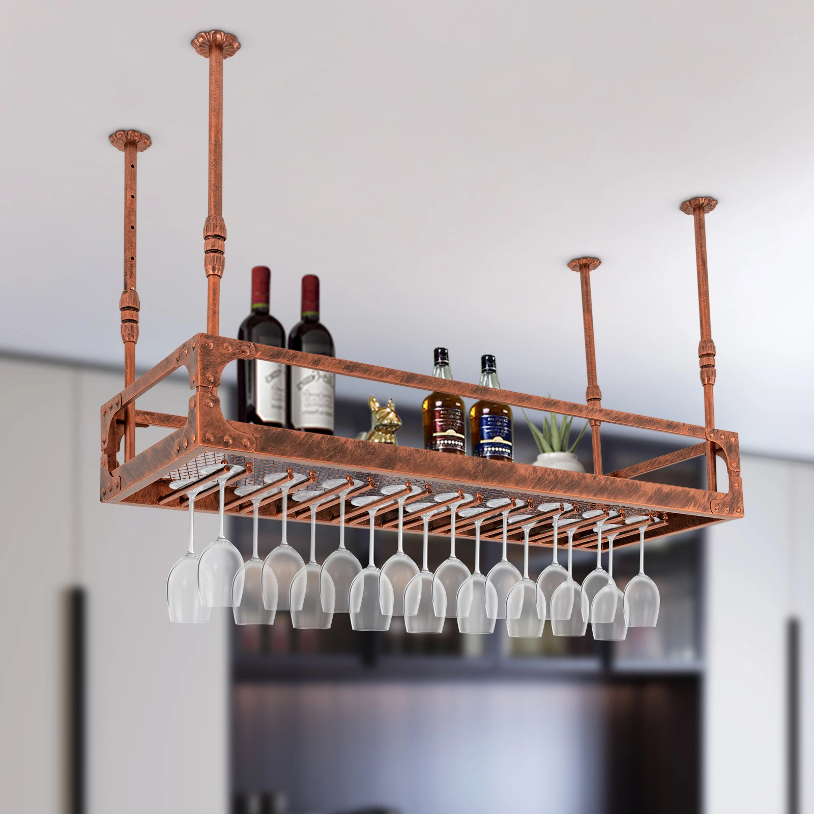 Industrielles, an der Decke montiertes Weinregal im Vintage-Stil, 110 Pfund Tragfähigkeit, Eisen-Weinregal mit 27 Kelchaufhängern, höhenverstellbar