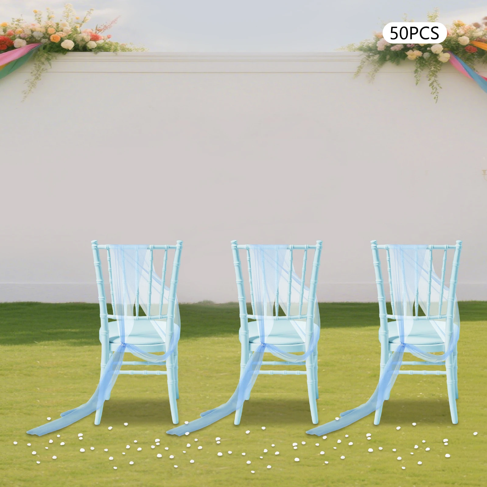 20 x 275 cm, 50 Stück, himmelblauer Hochzeitsstuhl-Dekorations-Tüll, einfache Installation für Hochzeit, Geburtstag, Neujahr, Party/Bankette Image