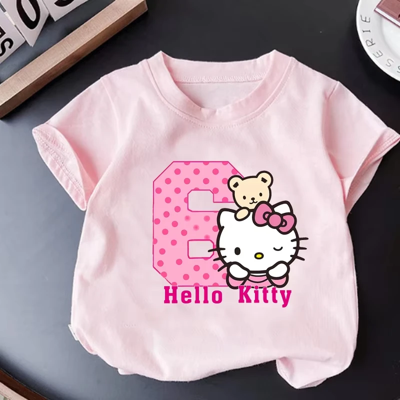 Sanrio New Fun Digital Hello Kitty Print 100 % Baumwolle Kinder-T-Shirt Sommer Alltag Outdoor Sport Party Lässig Locker Kurzarm