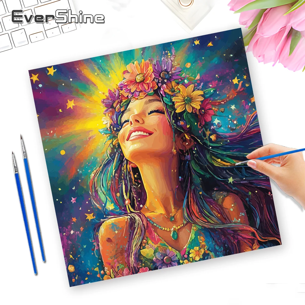 EverShine Malen nach Zahlen Set, Porträtzeichnung auf Leinwand, Mädchen, bunte Leinwand, Blume, Neuheiten, Wanddekoration Image