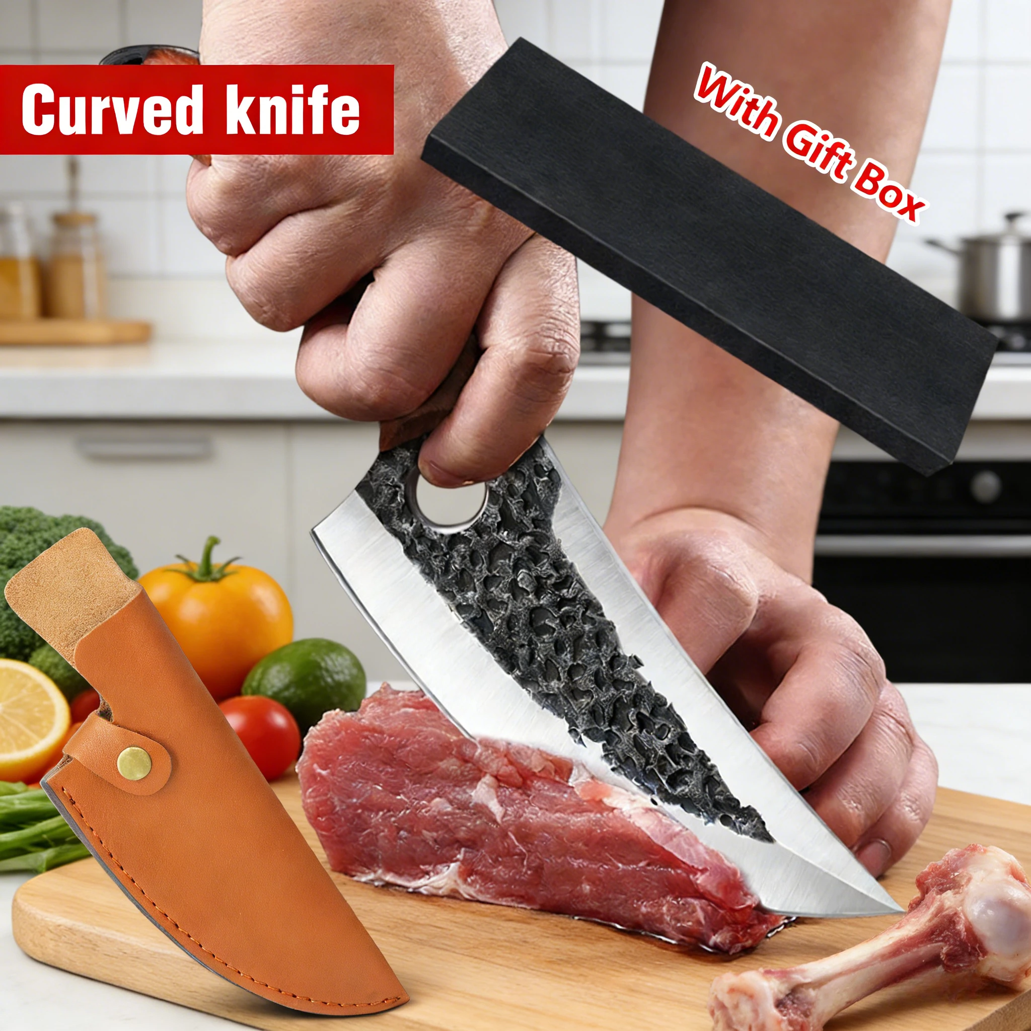 ZENG Ultrascharfes geschmiedetes Ausbeinmesser, gebogene Klinge mit Holzgriff und Lederscheide, robustes Fleischmesser für Küche & Geschenk Image