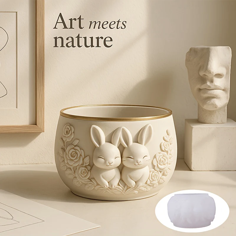 Hasen-Paar Blumentopf Silikonform Dickwandige Robuste Runde Form mit Blumenrelief & Hasen-Paar-Design Image