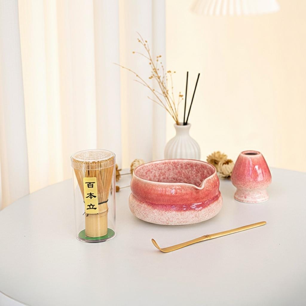 Set da tè Matcha in ceramica rosa fatto a mano, set per la cerimonia del tè, set da tè Matcha in ceramica fatto a mano, Chawan in ceramica, set da tè