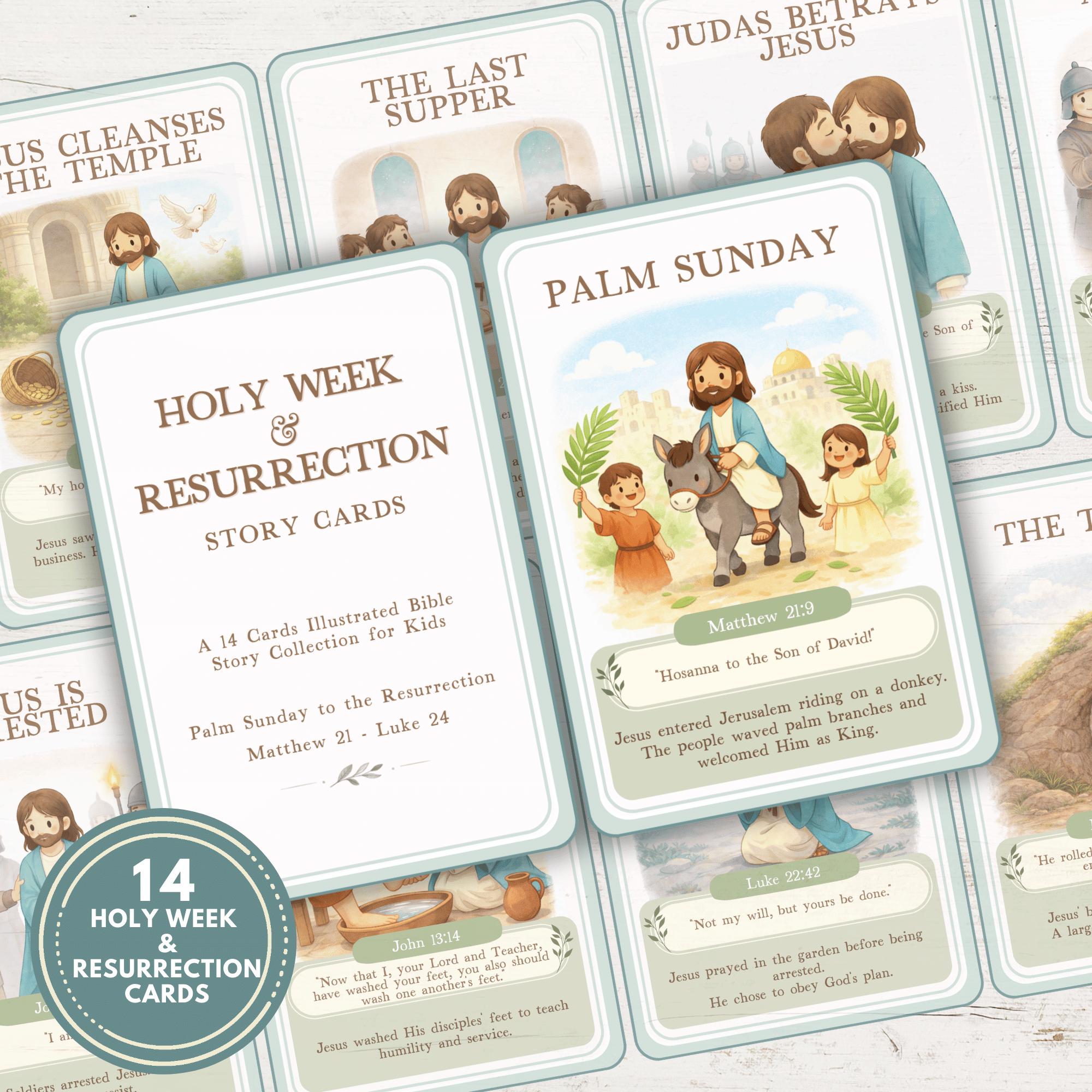 Schede con storie bibliche della Settimana Santa per bambini, storie di Pasqua stampabili, 14 schede sulla Settimana Santa e sulla Resurrezione, attiv