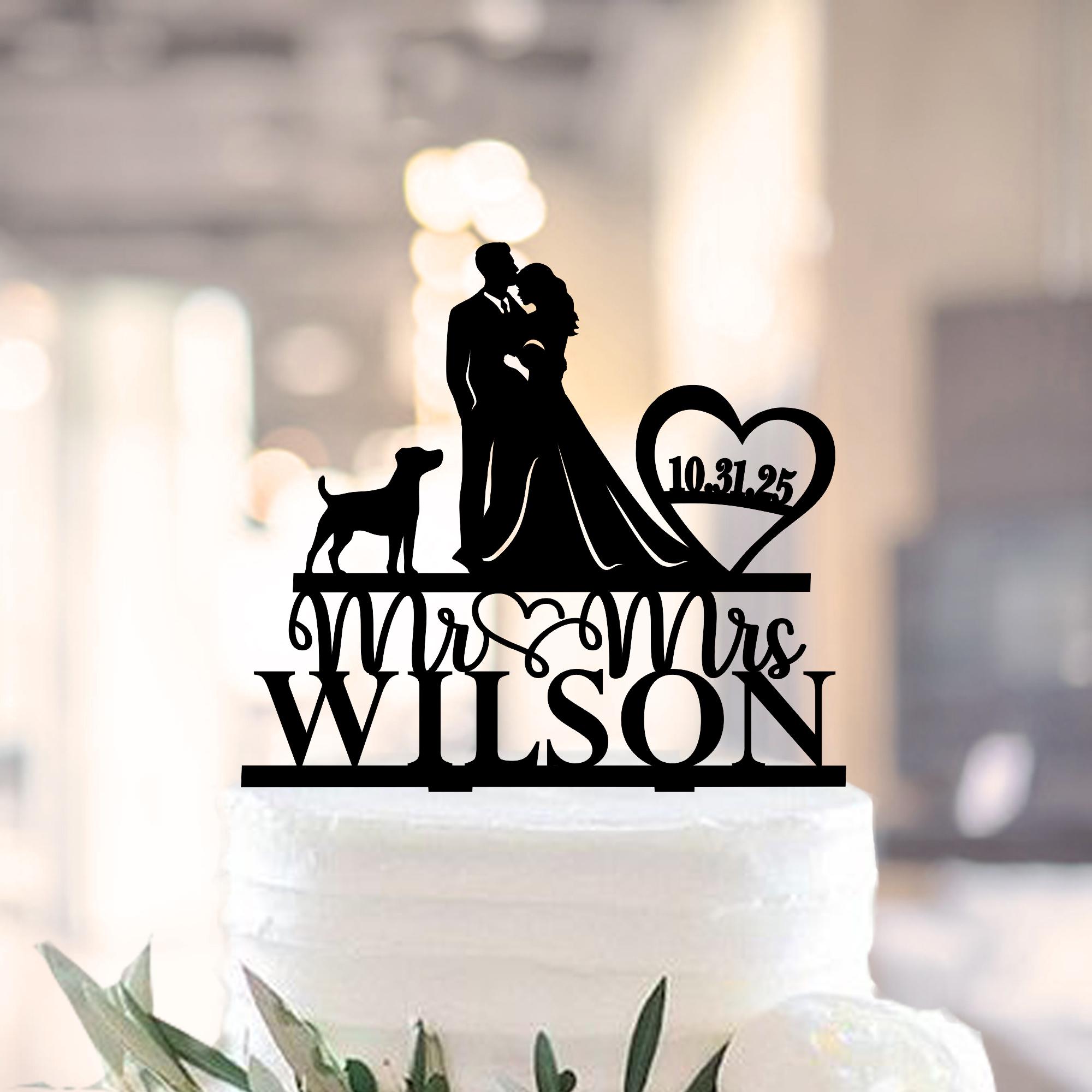 Topper per torta nuziale con cane e dattero, Topper per torta personalizzato + cane, Topper per torta con silhouette di cani, Topper per torta con spo