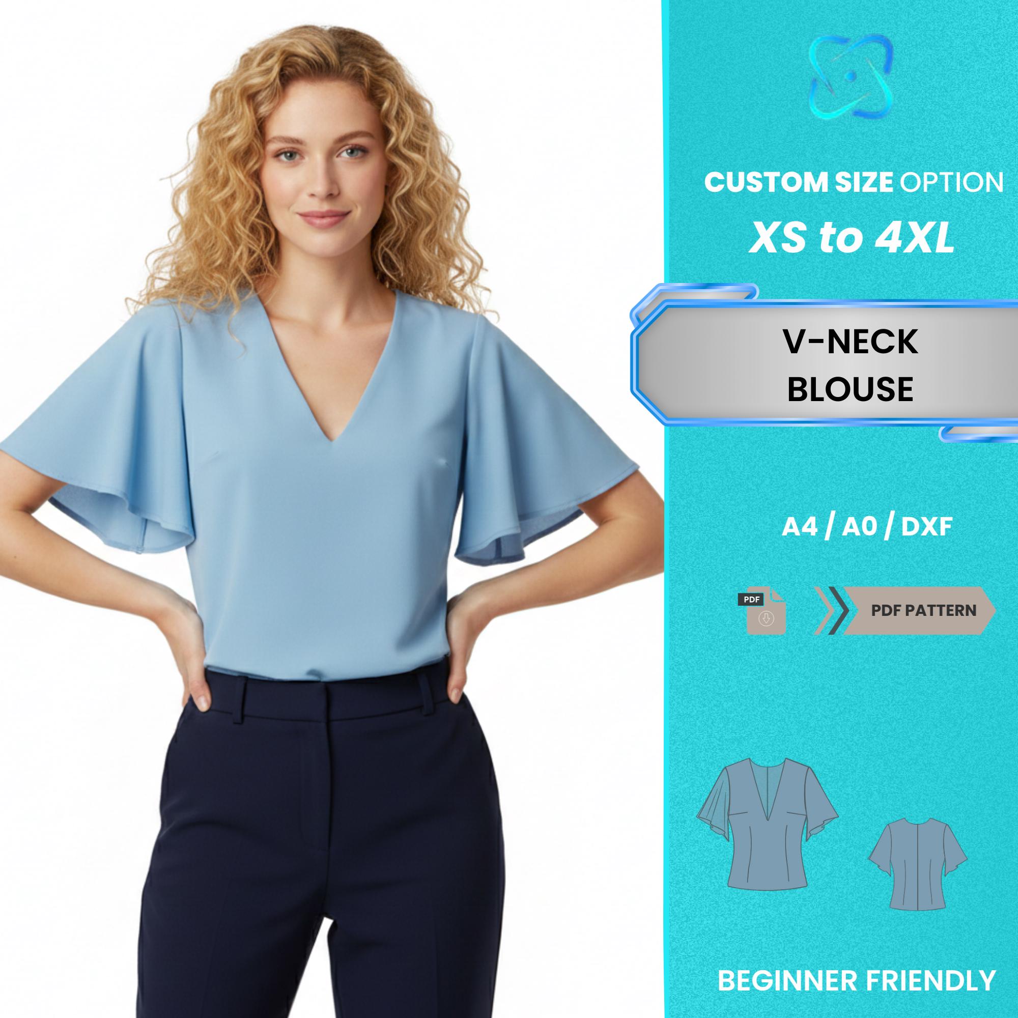 Modello PDF per camicetta con scollo a V da donna / Top a maniche corte blu svolazzante XS-4XL / Modello PDF per camicetta estiva facile da usare, ada