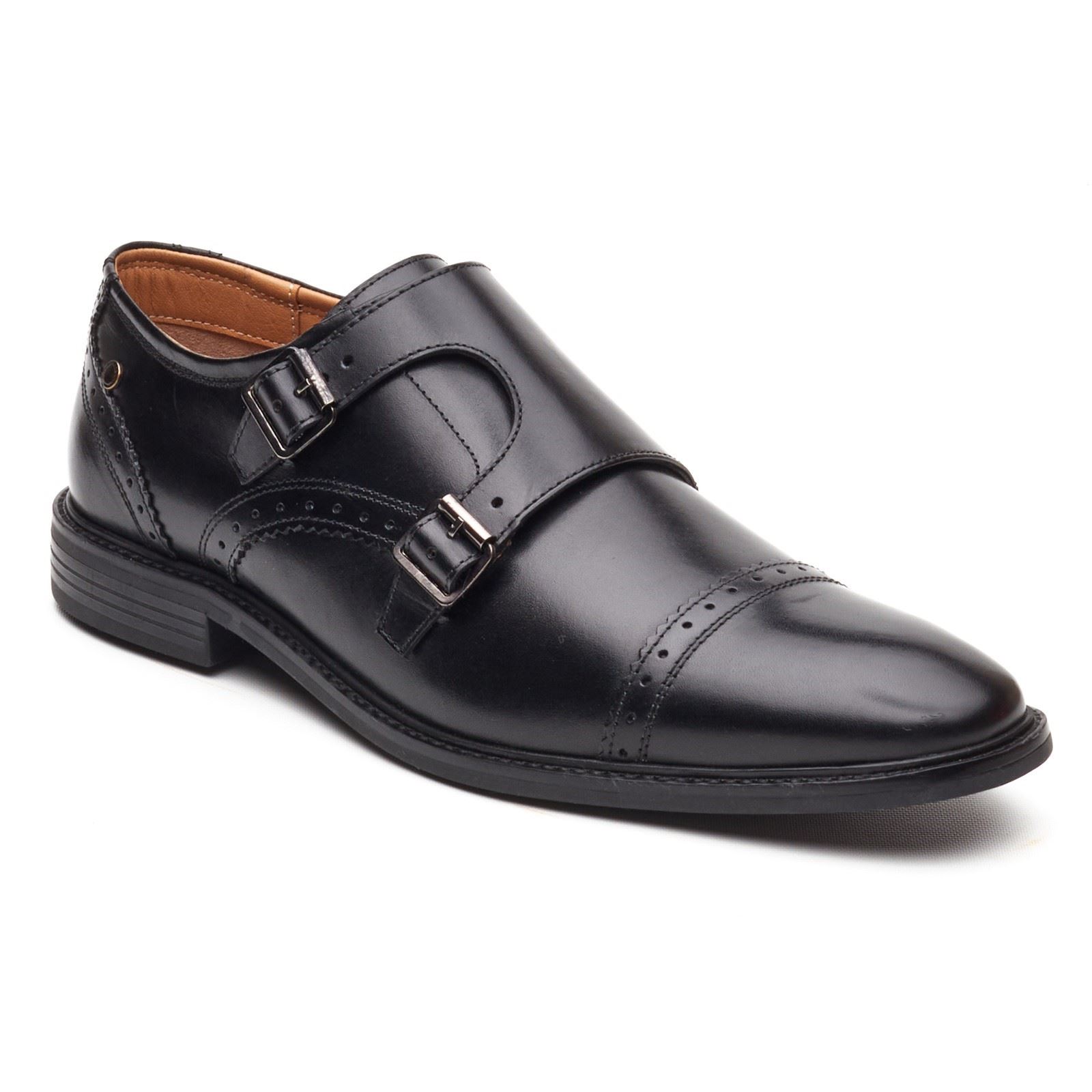 Base London Henley Mönch Leder Herren Schwarz Doppelte Mönch Schuhe