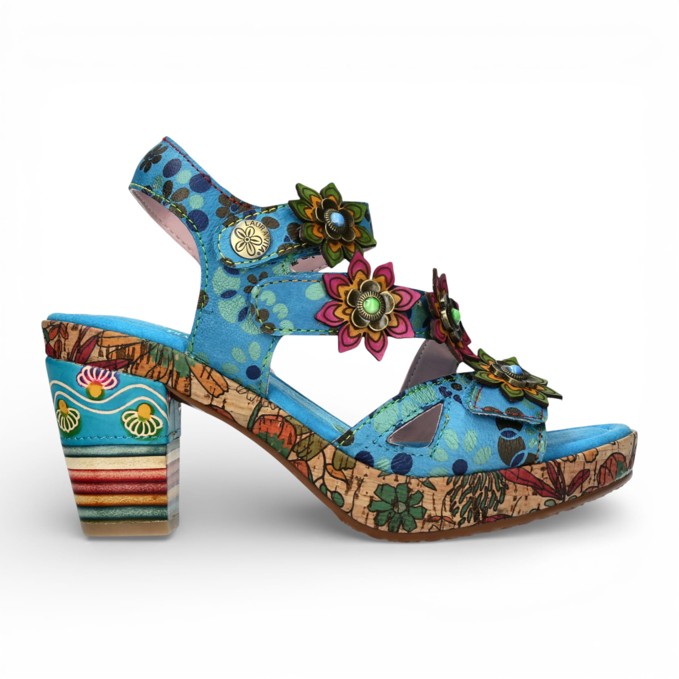 Laura Vita Damen-Espadrilles Nellao 33 aus blauem Leder mit Blumenmuster und Keilabsatz