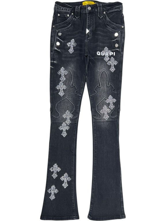 Obsidian Faded Cross Denim Jeans - Black - GUAPI Jeans