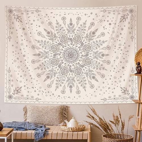 Neutrales florales Mandala-Muster, rosa Blüten, braune Blätter, botanisches Kreismuster, cremefarbener Wandteppich, Wandbehang, Schlafzimmer-Kopfteil, Wohnzimmer, Studentenwohnheim, ästhetische Image
