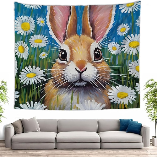 Ostern: Niedliche Hasen spielen Geige, bunter Frühlingsgarten, Eierkorb, Blumen – Wandteppich im Ölgemälde-Stil, Wandbehang für Wohnzimmer, Kinderzimmer, Heimdekoration, Partykulisse Image
