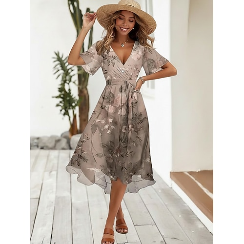 Damen Midikleid Boho-Kleid Chiffonkleid Blumenkleid Mode Modern Urlaub Ferien Normale Passform Blume Kurzarm V Ausschnitt Blau Hellgrün Rote Marineblau Sommer Image