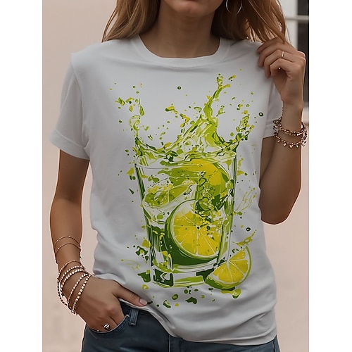 Damen T Shirt Druck Blumen Stilvoll Klassisch Lässig Kurzarm Rundhalsausschnitt Rundhals Normale Oberteile Täglich Weiß Hellgrün Grün Sommer Frühling Image