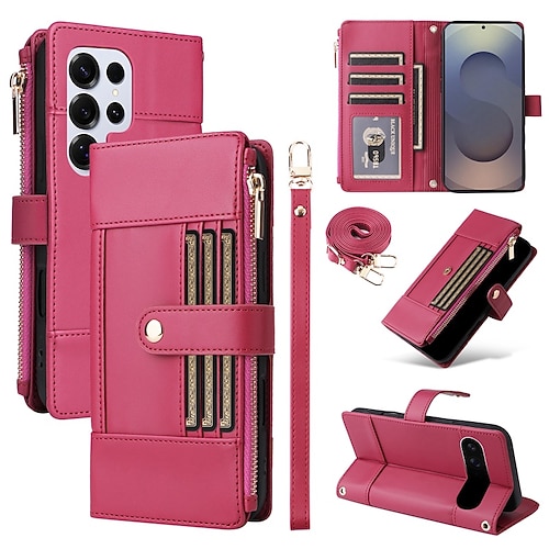 Handy Hülle Handyhüllen Für Samsung Galaxy S26 Ultra Plus S25 S25 Edge S24 S23 Ultra Plus S24 FE S22 Plus Ultra Brieftaschenhülle Mit Ständer Reisverschluss Vollschutz Retro TPU PU-Leder Image