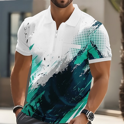 Herren Abstrakt Geometrisch Poloshirts Kurzarm Polo-Shirts Hemden mit Kragen Lässig Outdoor Athleisure Ferien Tasche 3D-Druck Viertelreißverschluss-Poloshirt Frühling Sommer Blau Rote Purpur Image