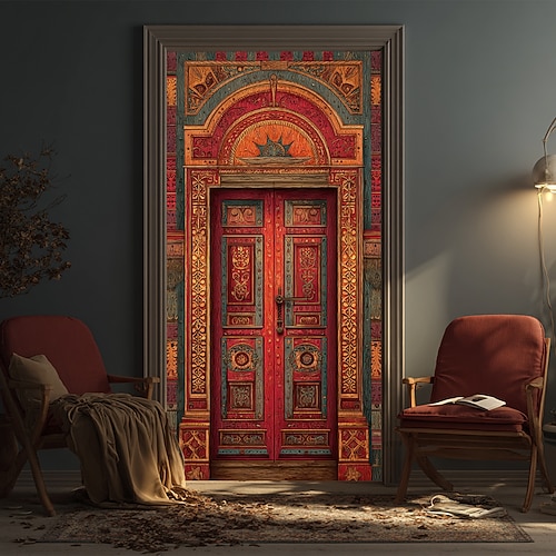 Antike arabische rote Holztür, verzierter maurischer Torbogen, aufwendige florale Schnitzereien, realistische 3D-Stofftürbanner-Abdeckung für die Inneneinrichtung von Wohnräumen, Eingangsbereich, Image