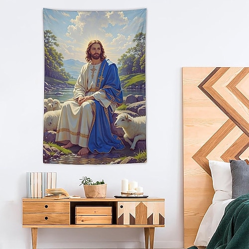 Ostern, Jesus Christus, der gute Hirte mit Lämmern, weißes Gewand, blauer Mantel, Wandteppich, religiöses christliches Geschenk, Schlafzimmer, Wohnzimmer, Kirche, ländliche Landschaft, Hintergrund Image