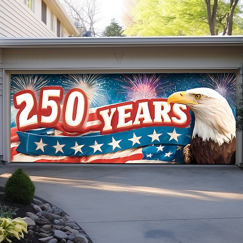 250. Jahrestag der USA, 250 Jahre Freiheit, Weißkopfseeadler, Feuerwerk, amerikanische Flagge, Garagentorbanner, patriotische Außendekoration, Partykulisse zum Unabhängigkeitstag, große Abdeckung Image