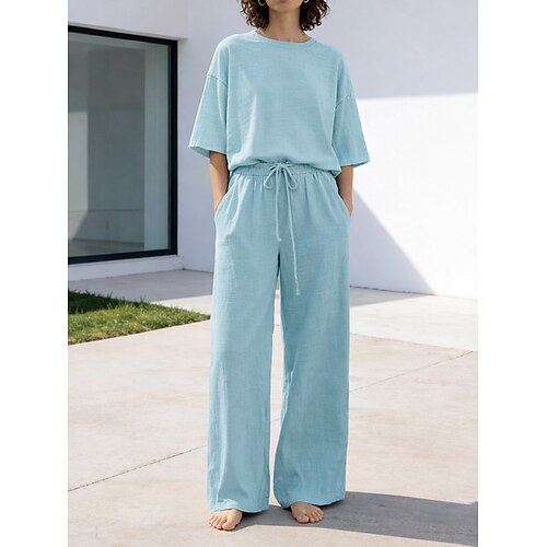 Damen-Hosen-Sets aus 15 % Leinen, Leinen-Sets, Basic-Teile in Unifarben, mit Tasche, elastischem Bund, T-Shirt und Hose, Langarm, Rundhalsausschnitt, in Blau, Schwarz, Weiß, Marineblau, Hellbraun, Sommer/Frühling Image