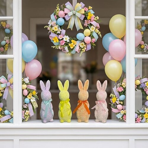 Osterkorb-Füllung: Stehender Osterhase, hochwertige Nachbildung mit glitzernder rosa Schleife, Dekoration für Haus, Garten oder Hof