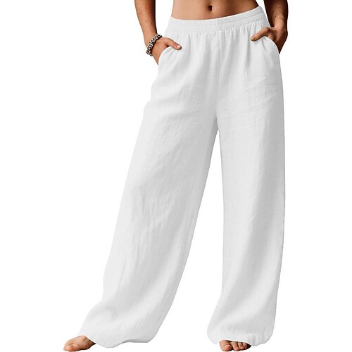 Damen Weites Bein Chinos Urlaub Streetwear Lässig Lang Mittlere Taillenlinie Einfarbig Tasche Elastischer Bund Komfort Mikroelastisch Täglich Outdoor Streetwear Aprikose Marinenblau Schwarz Weiß Image