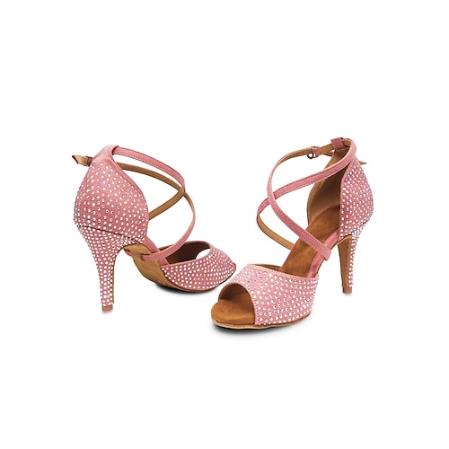 Funkelnde pinkfarbene Lateintanzschuhe für Damen – elegantes Design mit gekreuzten Riemen und bequemen Absätzen für Standard- und Lateintänze Image